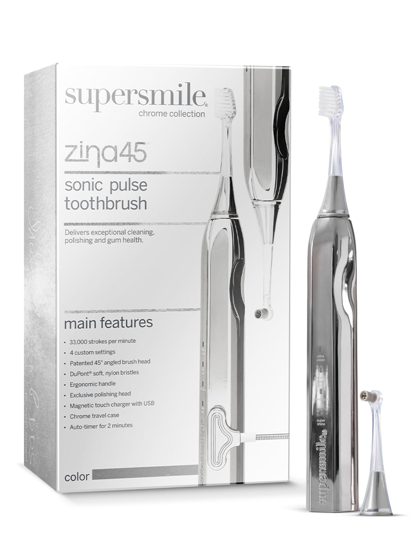 Supersmile Zina45™ Deluxe Sonic Pulse Toothbrush – Rechargeable Electric Brush with Angled Head & Travel Case – for Whiter Teeth and Healthier Gums, Silver
