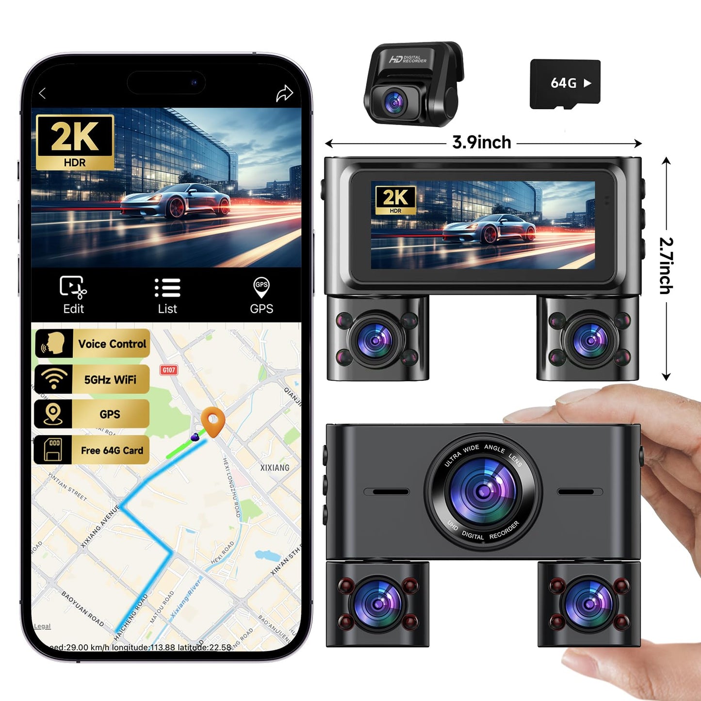 Dash Cam 360°, 4 Channel Camera for Cars Front and Rear Inside, 2K FHD Mini Dashcam, 5G WiFi, GPS, Free 64G Card, Voice Control, WDR, HDR, Night Vision, 24/7 Parking Mode(Upgraded Version V7PLUS)