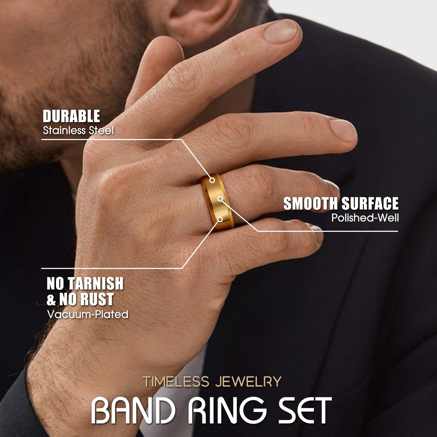 Jstyle Stainless Steel Rings for Men Women 8MM Wedding Band Rings Matte Surface - Beveled Polished Edge Mens Ring Size 6.5 18K Gold Plated Ring for Men