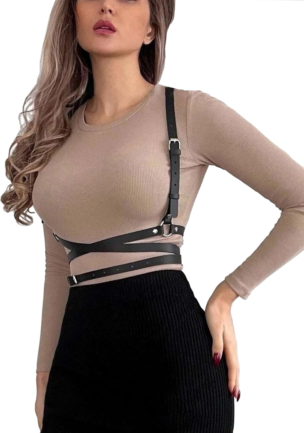 Women's Body Waist Belt Vest Punk Leather Belt Body Chain Faux Leather Harness Accessories for Party Cosplay Dating