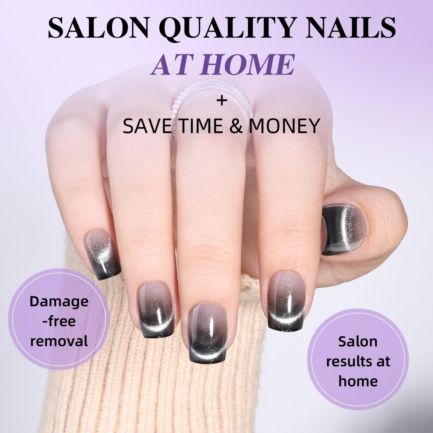 Black Cat Eye Press On Nails - Short Square Ombre Press Ons for Women Fake Nails with Glue, Glossy Reusable Glue on Nail in 15 Sizes - 30pcs