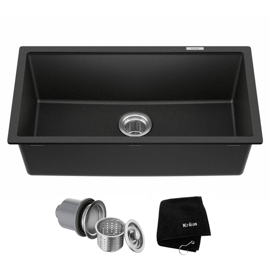 KRAUS Quarza 31-inch Undermount Single Bowl Granite Kitchen Sink in Black Onyx, KGU-413B