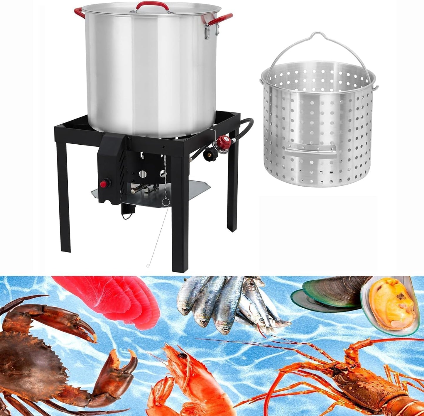 Garvee Crawfish Boiler with Steam/Boil Basket & Strainer, 110000BTU Propane Jet Burner with Support Rack & Lifting Hook, 0-10 PSI Regulator, Outdoor 80 Qt Seafood Boil Pot for Cooking Shrimp and Crab