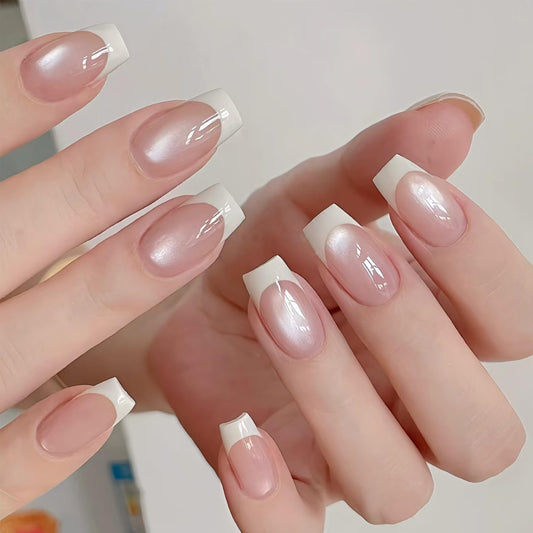 Taoyisent Cat Eye Press on Nails 24PCS Nude Pink French Tip Soft Gel Nails Short Square Glossy Magnetic Effect Fake Nails Reusable Full Cover Stick on Nails Kit