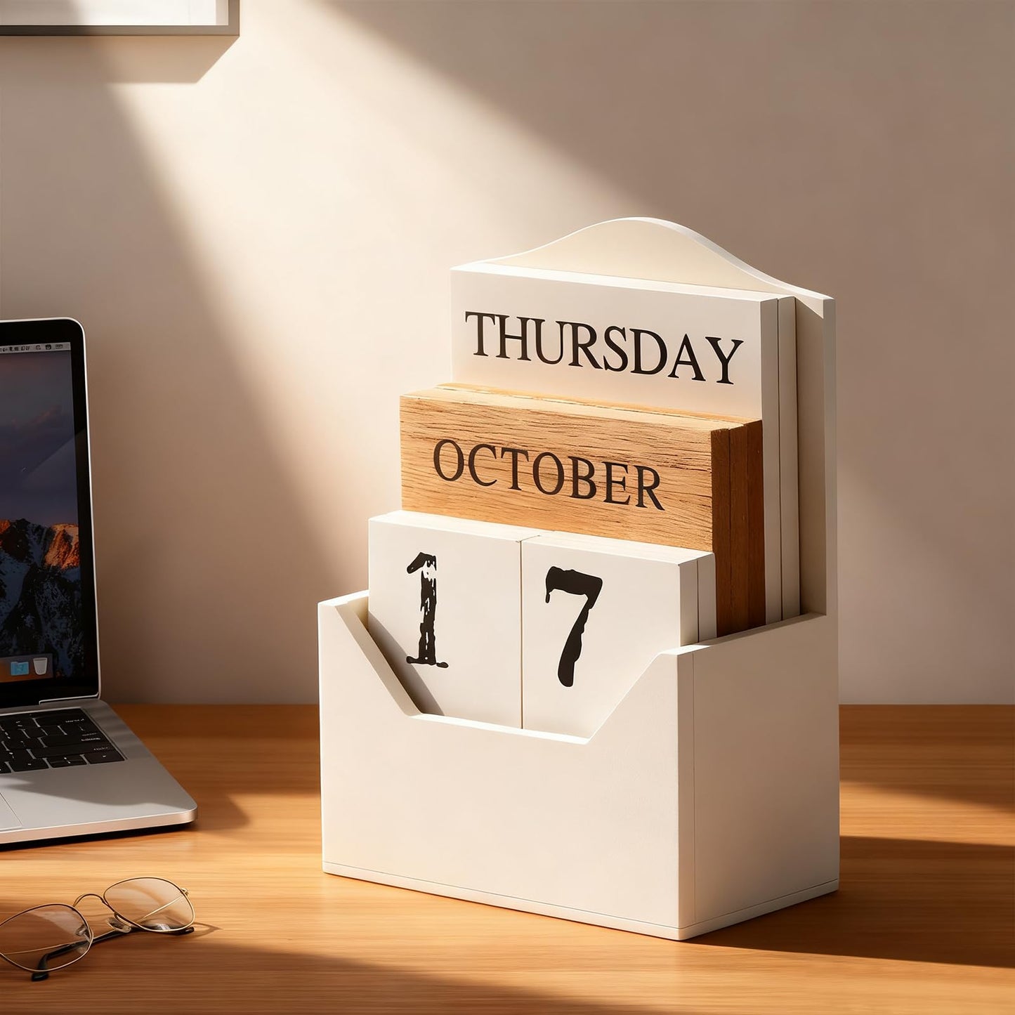 Perpetual Calendar Wooden Blocks Calendar for Home Office Desk Date Week Month Accessories (Vintage White Calendar)