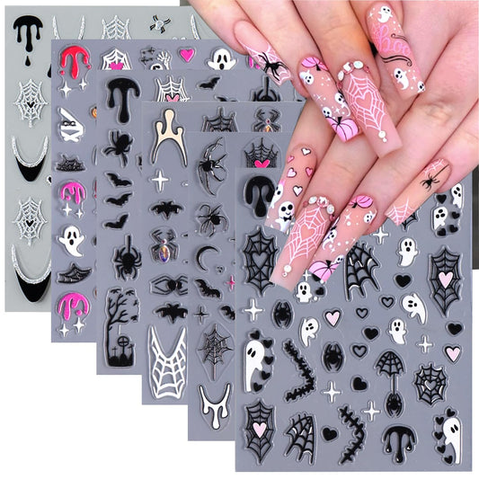 6 Sheets Halloween Nail Art Stickers 3D Self Adhesive Cute Ghost Spider Wed Nail Decals Gothic Bat Blood Nail Stickers Glitter Silver French Nail Design Decals Holiday Nail Art Supplies for Women