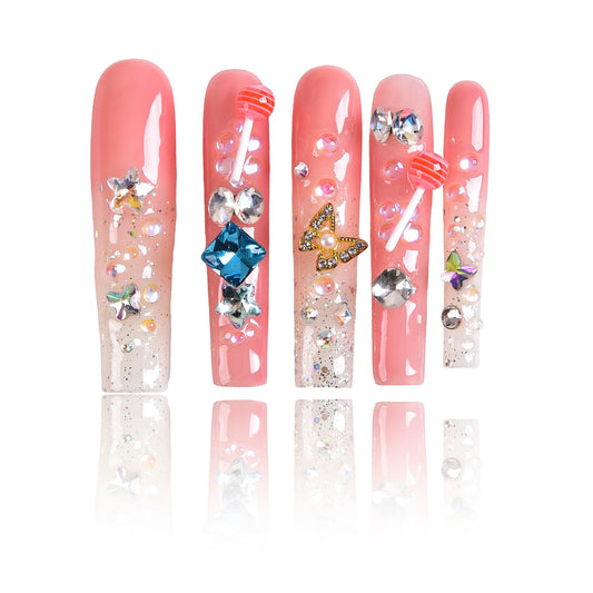 Tmani 10pc/set Extra Long Handmade Press On Nail Hot Girl's Long Ballet Nails Square Nail Full of Diamond Glitter Decoration Fake Nails Suitable For Girls Festival Parties and Birthday Gift (275,M)