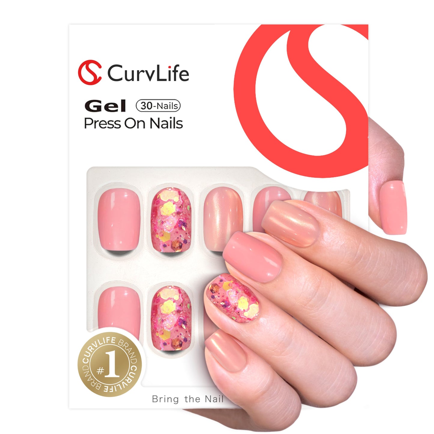 Curvlife Press On Nails – 30PCS Full Cover False Natural Fit Soft Gel Fake Nails Tips, Easy to Apply at Home Glue On False Nails Kit (Shimmery Peach Nails, Short)