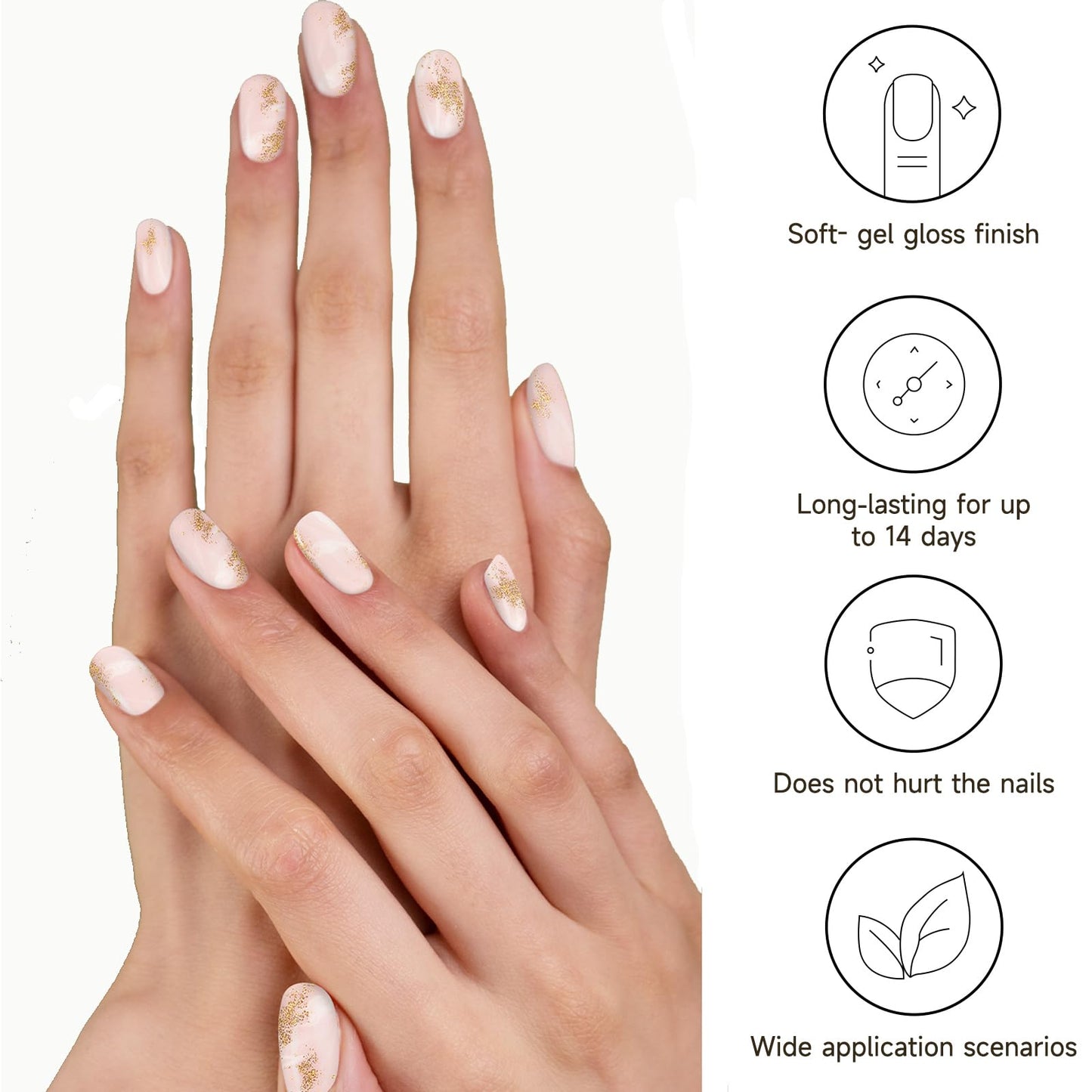 DUKASOU Semi Cured Gel Nail Strips 28 pcs French Nail Stickers for Women (Gold foil Stamping) Full Nail Wraps -UV Lamp Required Long Lasting Easy to Apply