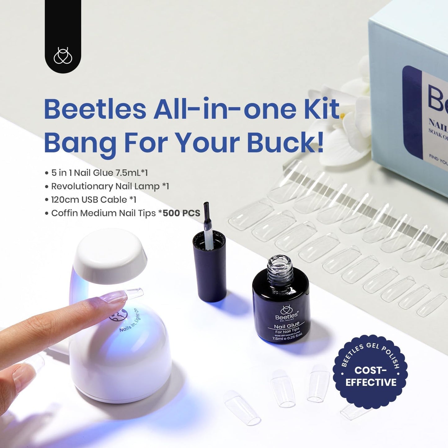 Beetles Gel Nail Kit Easy Extension Set With 500Pcs Medium Coffin Shaped Tips 5 in 1 Nail Glue Base Gel and Innovative Led Lamp Easy Funny Diy False Tips Art at Home Day