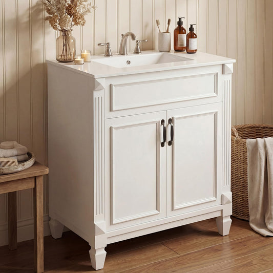 Sweetcrispy 30" Bathroom Vanity with Sink, Bathroom Storage Vanity Sink with 2 Doors, Farmhouse Wooden Free Standing Bathroom Cabinet with Sink, Easy Assembly, NO Mirror Faucet, Ivory White