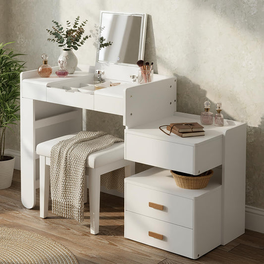 Merax Makeup Vanity Desk with Flip-Top Mirror and Lights, Modern Vanity Set with Cushioned Stool, 3-in-1 Dressing Table with Retractable Side Cabinet and Ample Drawers for Bedroom, White
