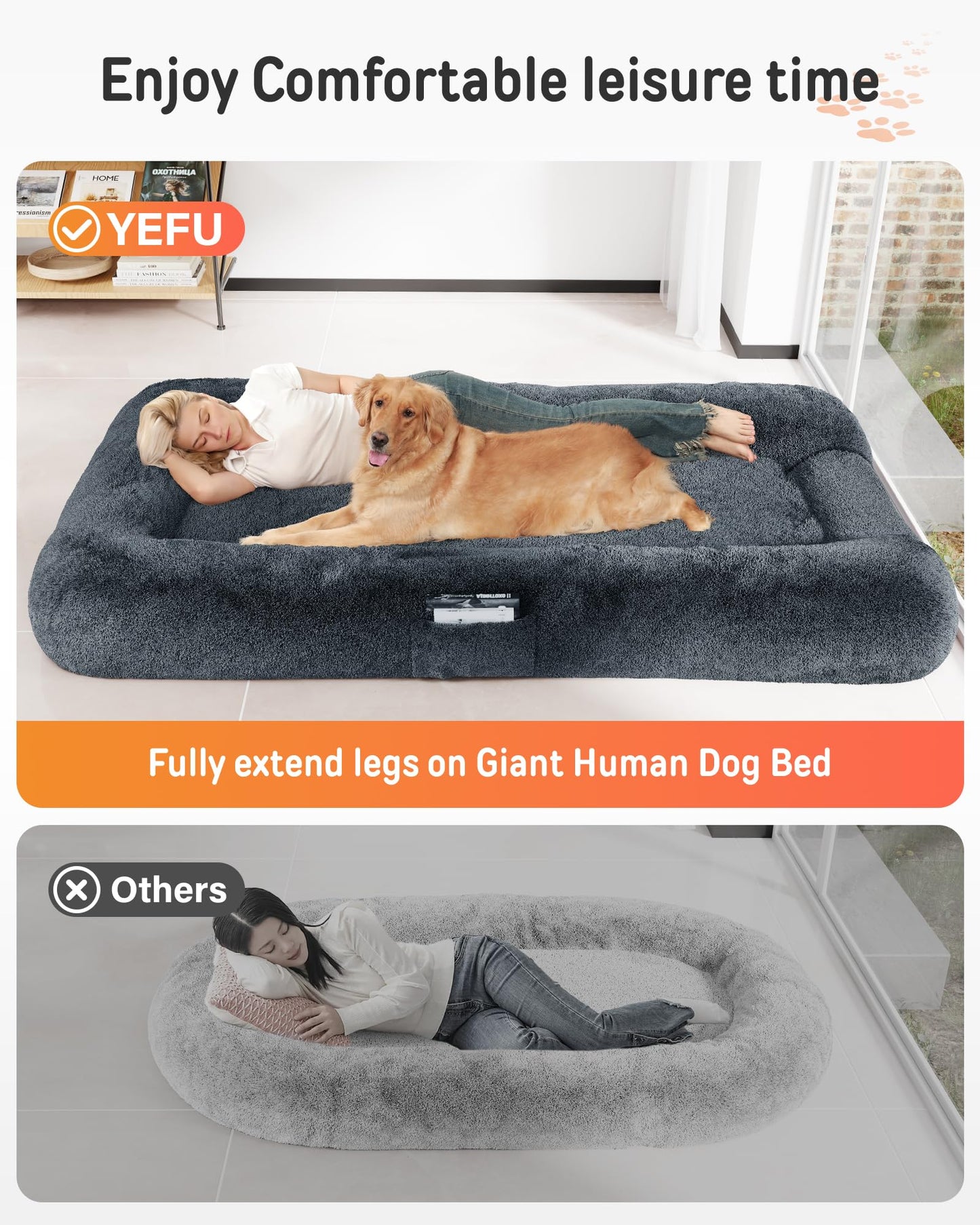 YEFU Human Dog Bed for Adult- Extra 79"x45"x12" Large Dog Beds - Human Size Dogs Bed Washable Faux Fur Cover - Orthopedic Foam Dogs Beds with for Sleep Nap in Bedroom Dark Grey
