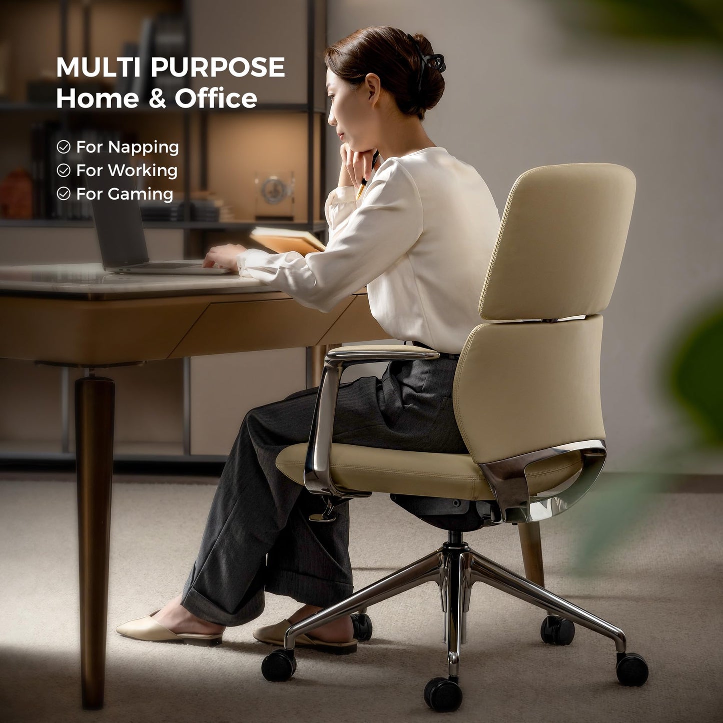 TOMU Genuine Leather Office Desk Chair with Wheels, Ergonomic Leather Executive Chair, Mid Back, Swivel Base with Adjustable Tilt, Modern Style, Luxury Aluminum Frame (Beige)