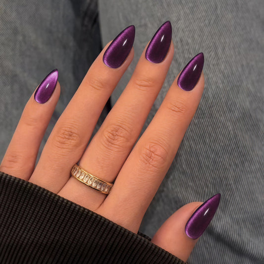 Cat Eye Black Purple Press On Nails Medium Short Almond Shaped - 30Pcs Stiletto Fake Nails Acrylic Press ons Natural Thick Gel Nails Short Glue on Nails Opaque Glitter False Nails for Women No Glue