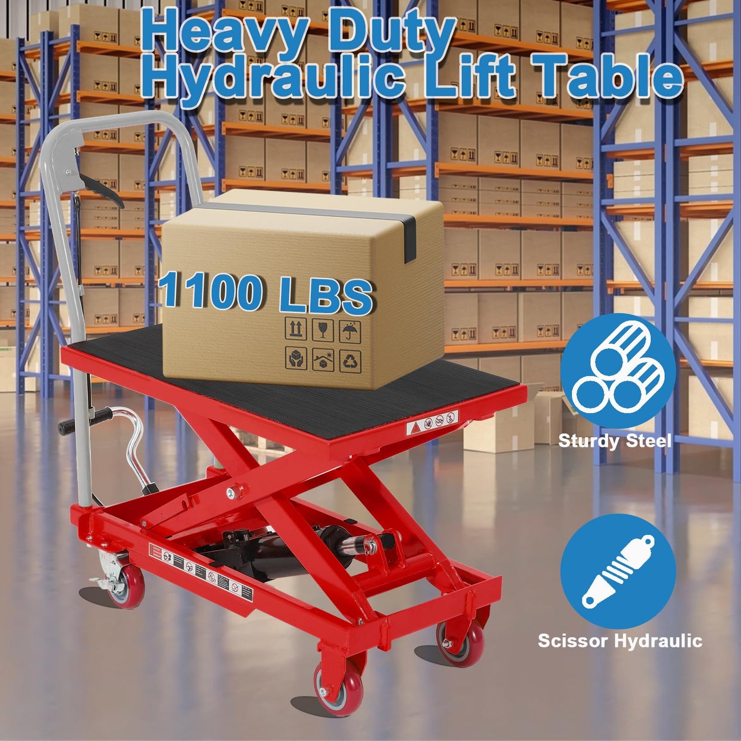 Heavy Duty Hydraulic Lift Table Cart 1100LB Capacity, Single Scissor Lift Table with 32'' Lifting Height, Non-Slip Platform & Locking Wheels for Garage, Warehouse, Workshop, Red