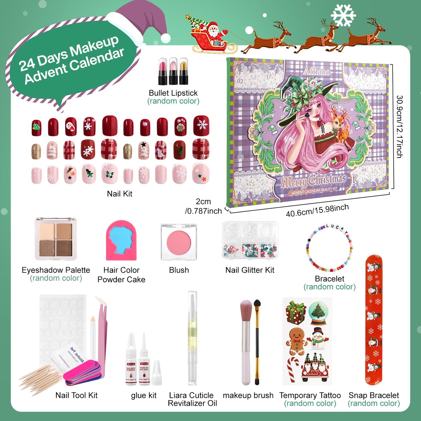 Makeup Advent Calendar 2026 Teens Girl, 24 Days Christmas Countdown Face Eyes Lip Nail Beauty Advent Calendar for Girls Women, 24 Pcs Xmas Holiday Makeup Gifts Sets, Festival Surprise Full Makeup Kits