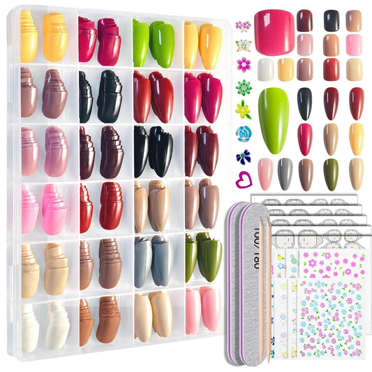 whisrvival Press On Nails 576Pcs with 12Pack Short Press On Nails Round and 12Pack Glossy Fake Nails Almond, Natural Fit, Both Lengths for Elegant And Daily nails For Women Girls