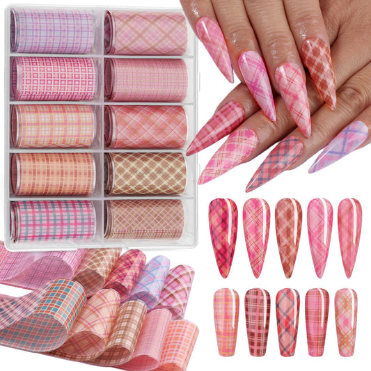 Plaid Nail Foil Transfer Sheets, 10 Rolls Pink Plaid Nail Stickers Transfer Foil with Checkered Prints for Nail Art, Starry Geometric Lines Manicure Wraps, Nail Foil Transfer Paper for Women
