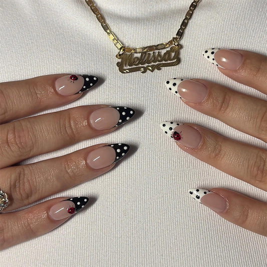 MISUD Press on Nails - Medium Almond Fake Nails with Black White Polka Dot, Acrylic Ladybug Design 24 pcs