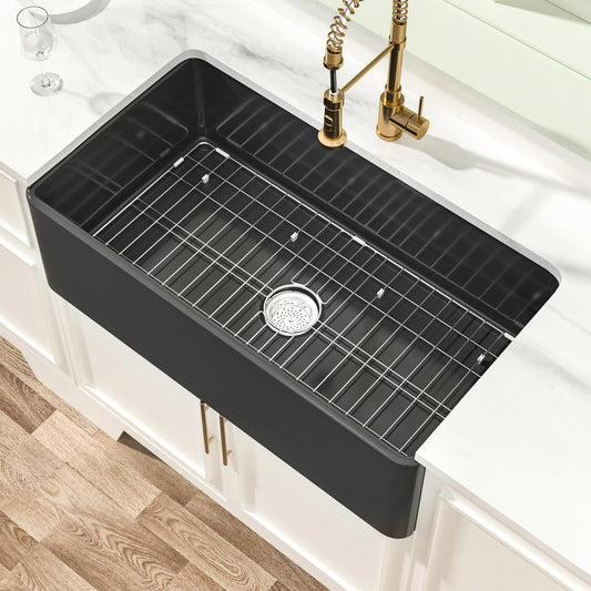 Miuara Black Farmhouse Sink 33 Inch - Large Apron Front Kitchen Sink Single Bowl 33"x18", Undermount Farm House Style, Heavy Duty Solid Fireclay, Matte Black, for Kitchen
