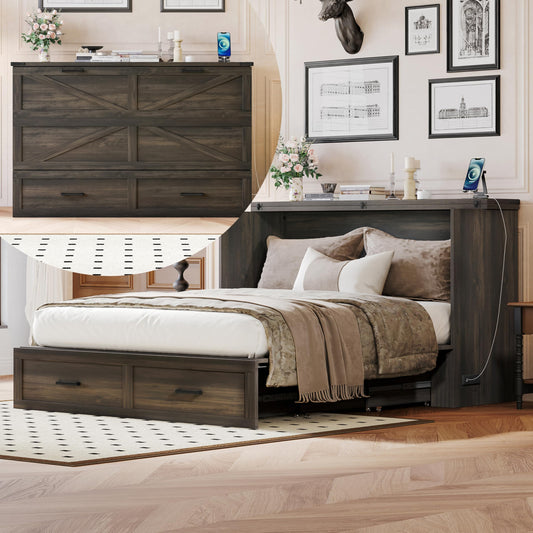 Ball & Cast Murphy Bed Queen,Farmhouse Hideaway Cabinet Bed with Charging Station and Large Storage Drawer,Foldable Wall Murphy Beds w/Slat Support,Space-Saving Furniture for Study,Office,Rustic Gray