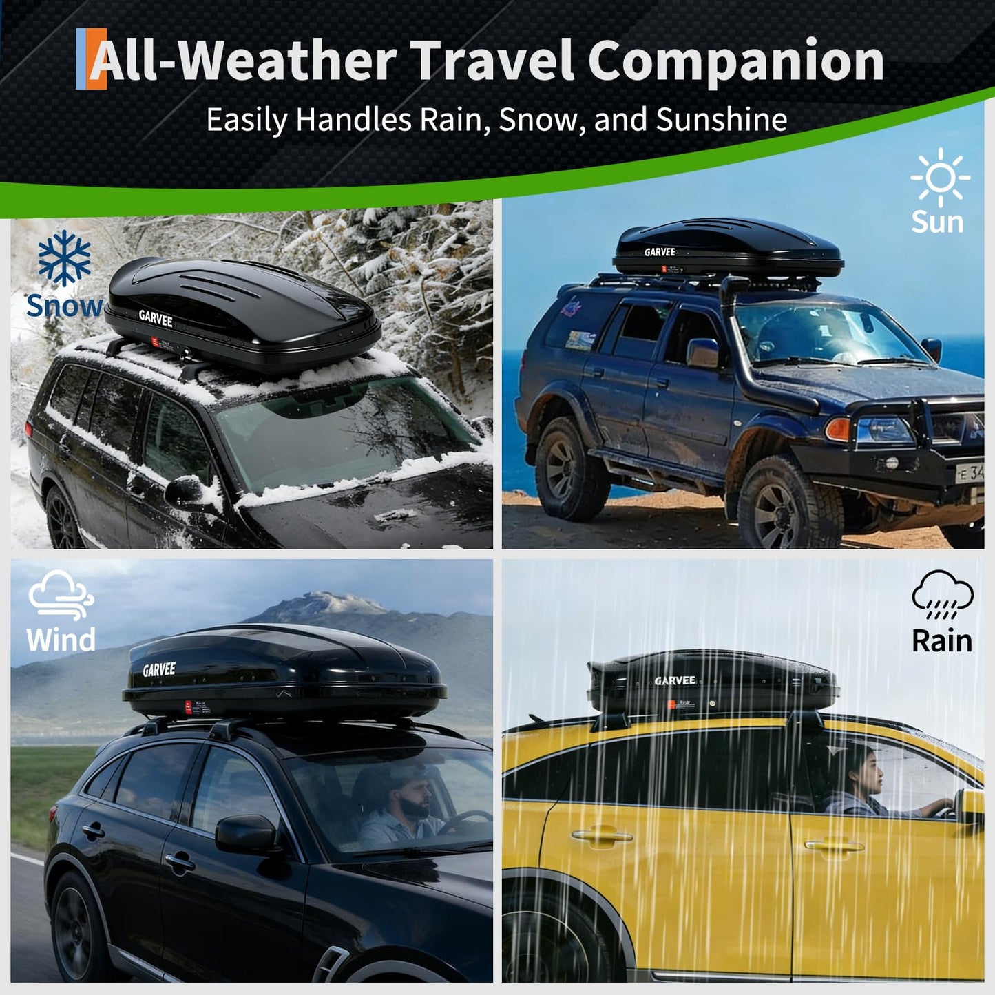 Garvee Heavy Duty Hard Shell Roof Top Cargo Carrier - 49(L) x30(W) x14(H) Waterproof Lockable Storage Box Capacity 165 Lbs 10 Cu Ft - Tool-Free Install- Fits SUV, Truck, Van