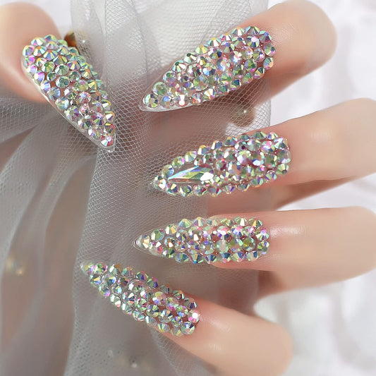Elevenail Handmade Press on Nails Full Cover Luxurious 3D Crystal False Nails Super Extra Long Stiletto Diamonds Art Decoration Fake Nails Manicure Kit Nail Art Tips Gift for Women Girls Wedding Party