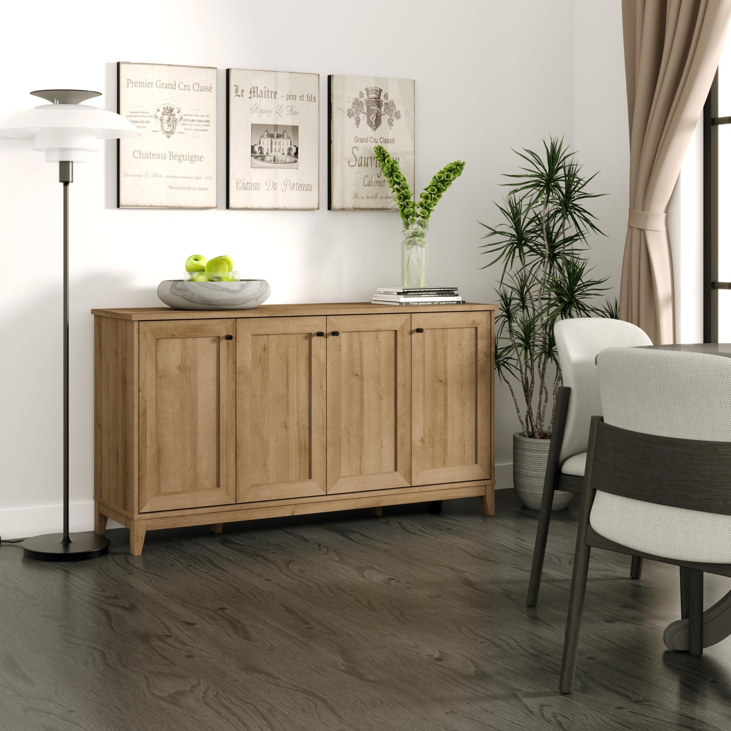 Prepac Yaletown 4 Panel Door Console Table with Storage, Oak Storage Cabinet with Doors and Shelves, Sideboard Storage Cabinet 60" W x 32" H x 16" D, OCBG-2220-1