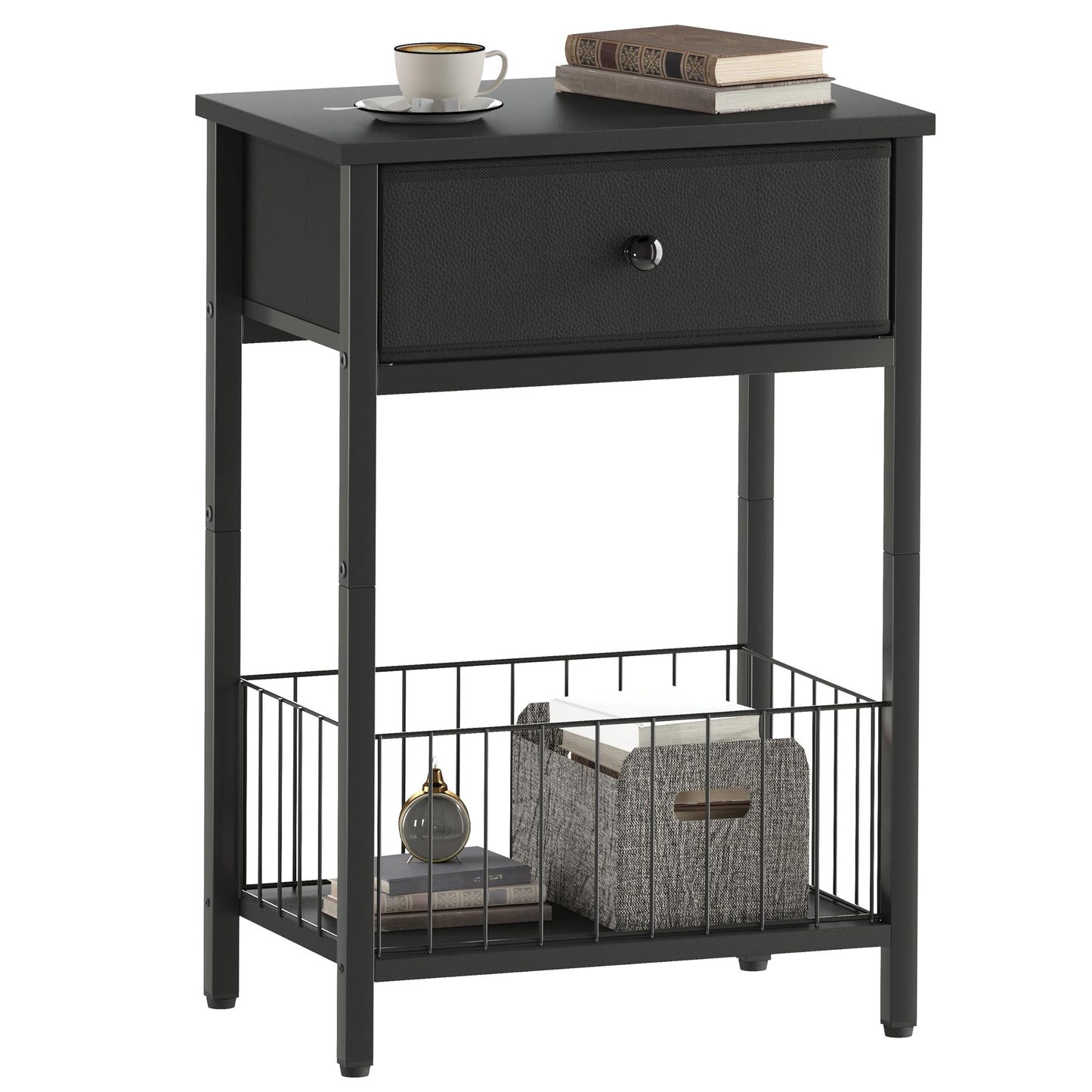 VAFEKOL Nightstand with PU Leather Front Drawer, 3-Tier End Table with Bottom Mesh Basket, Industrial Bedside Table for Small Spaces, Black