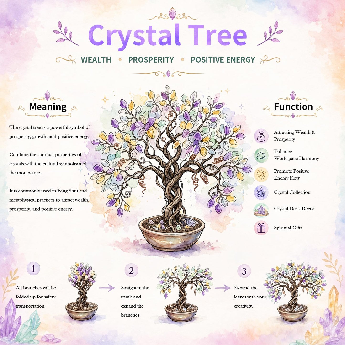 mookaitedecor Natural Rose Quartz Crystal Money Tree Agate Slice Base Feng Shui Bonsai Crystal Tree for Wealth Luck Desk Decor, 3-4 Inch High