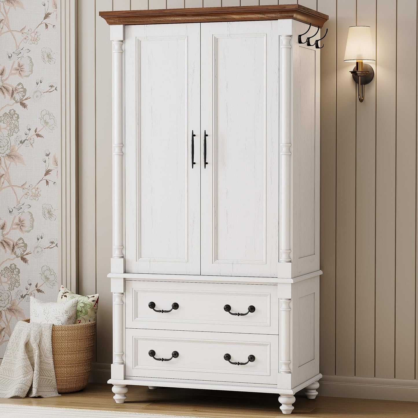 LIKIMIO Farmhouse Armoire Wardrobe Closet with 2 Doors and 2 Drawers, 70" H x 36" W, Large Bedroom Armoire with Roman Column and 3 Hanging Hooks, Wooden Freestanding Closet Cabinet, White
