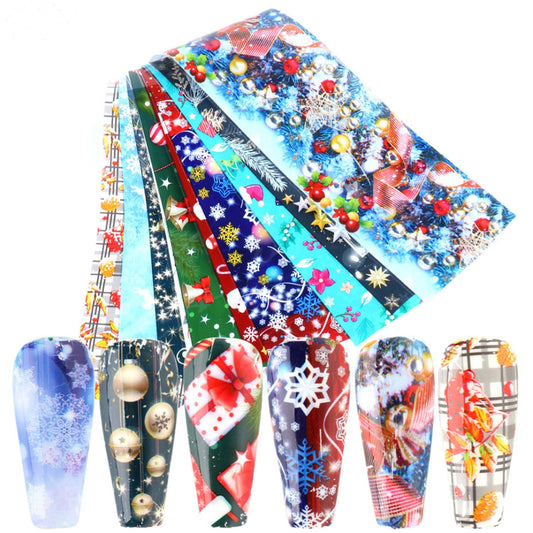 Christmas Nail Foil Transfer Stickers 10 Sheets Xmas Nail Art Stickers Decals Winter Santa Claus Snowflake Bells Nail Decals Supplies for Women Christmas Manicure Nail Film Decorations