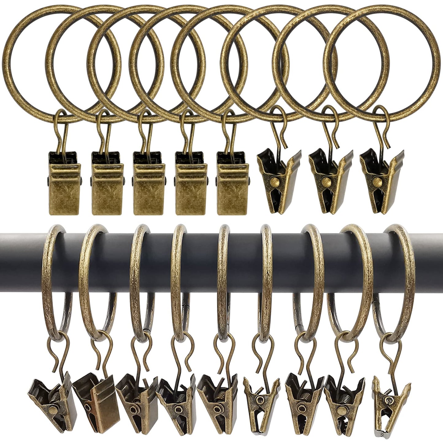 20 Pack Metal Curtain Rings with Clips, Curtain Clip Rings Hooks for Hanging Drapery Drapes Bows, Curtain Rod Rings 1.5 inch Interior Diameter, Black