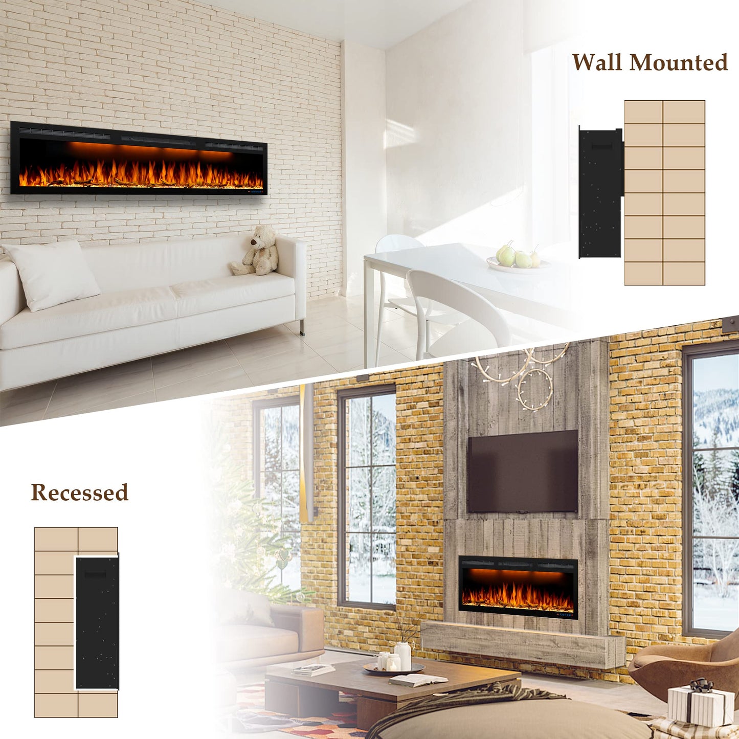 Dreamflame 40inch Electric Fireplace, Recessed& Wall Mounted Fireplace Heater with Larger Screen, Colorful Flame Warm and Decorate Home with Remote Control, 750W/1500W, Black