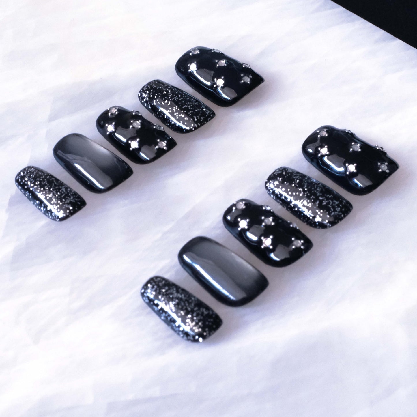 BlackStar - Handmade Press on Nails, Black Starry Sky with Cat Eye, Rhinestone Bling, Medium Ballerina Shape, 10 Pieces (Small Size, MB)