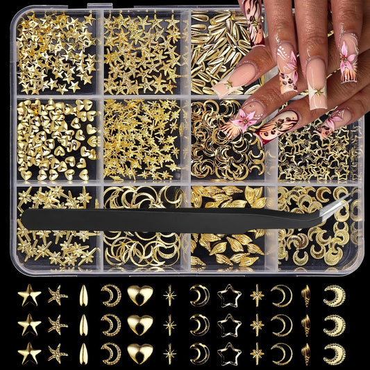 Gold Nail Charms 3D Alloy Star Moon Nail Gems Shiny Ocean Beach Seashell Nail Jewels Multi-Shapes Metal Golden Hearts Nail Art Supplies with Tweezer for Women DIY Acrylic Nail 12 Grids 1 Box