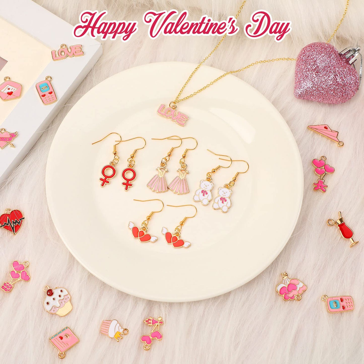 SANNIX 110Pcs Valentine's Day Charms Gold Enamel Jewelry Making Charm Pink Pendants for Valentines Bracelet Necklace Earrings Making