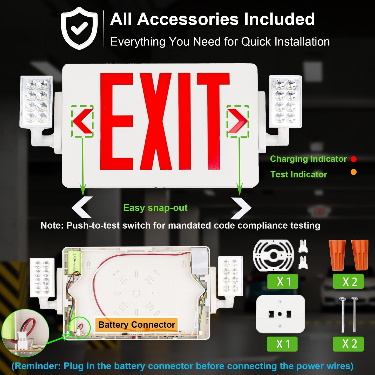 Gruenlich LED Combo Exit Sign, Emergency Light with 2 Adjustable Heads and Double Face, Back Up Batteries- US Standard Red Letter EXIT, UL 924 Qualified, 120-277 Voltage, 1-Pack