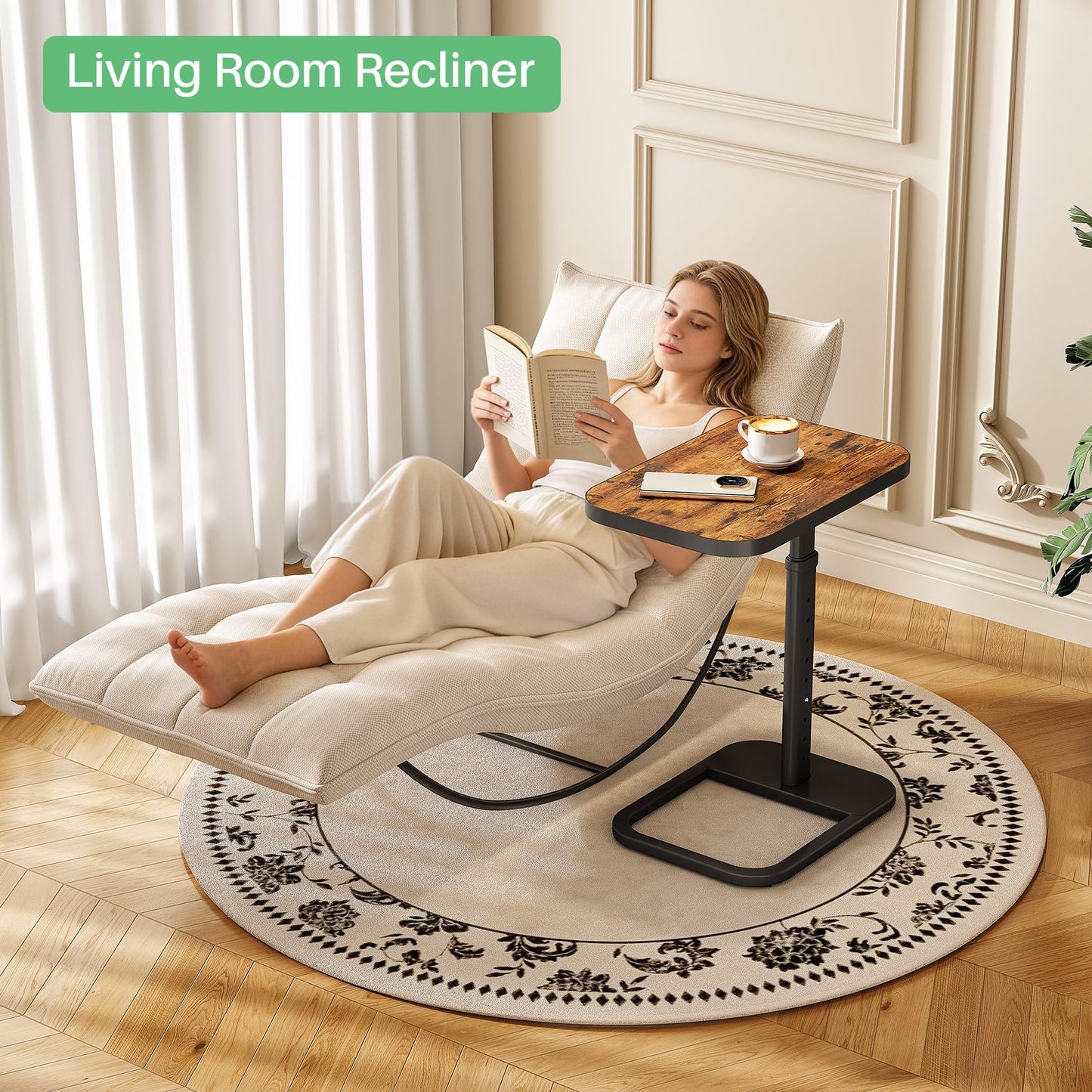 Kitstorack Adjustable Height C-Shaped End Table, 9-Level Side Table with Metal Rounded Edge, Couch Table that Slides Under Sofa or Bed for Eating, Working, and Drinks, TV Tray for Small Spaces, Brown