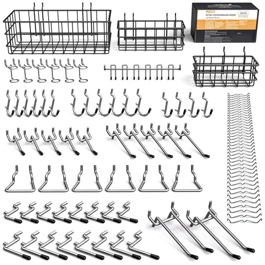INCLY 1/4“ Extra Thick Pegboard Accessories Kit, 100PCS Heavy Duty Metal Peg Board Hook Assortment with 3 Sizes Basket S/M/L Fit 1/4 Inch Pegboard for Garage Wall Organizer Hanging Tools