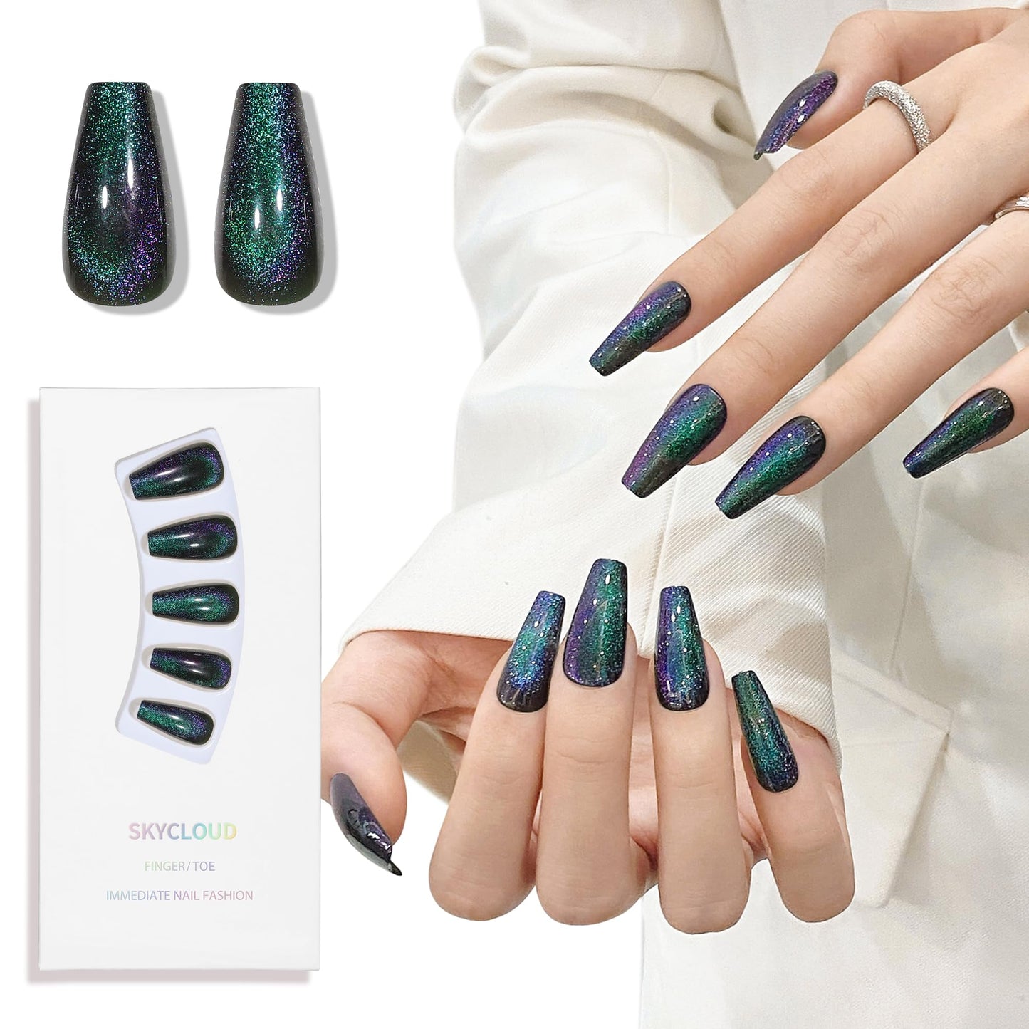 Cat Eyes Press On Nails,12 Sizes - 24 Pcs Soft Gel Dark Green Medium Coffin Fake Nails Kit with Nail Glue, Natural Reusable Stick On False Nails for Women and Girls (Skycloud Dark Green Nails) SK0821