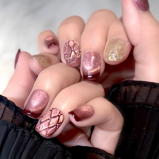 Press On Nails Handmade Fake Nails Square Short 3D Diamond purple Cat Eye Glossy Rhinestones Finger Manicure medium luxury False press ons Acrylic Nails Full Cover Artificial (M size)