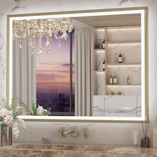 Keonjinn 48” x 36” LED Bathroom Mirror with Frontlit & Backlit, Gold Metal Framed Lighted Mirror with Stepless Dimmable 3-Color Temperatures, Anti Fog, UL-Listed Driver, No Dark Corner