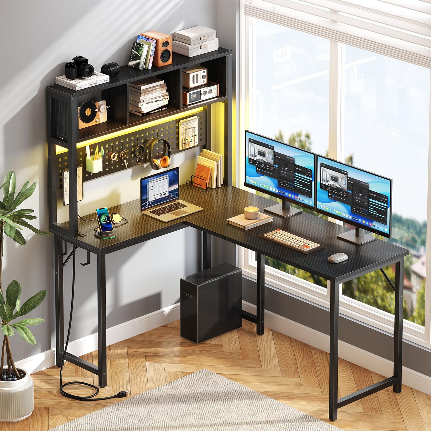 Small Black L Shaped Gaming Desk with Hutch , 47 Inch Corner Gaming Desk with Storage Shelves for Bedroom Small Space, Reversible L-Shaped Computer PC Desks with Pegboard LED Light for Kids Boys Girls