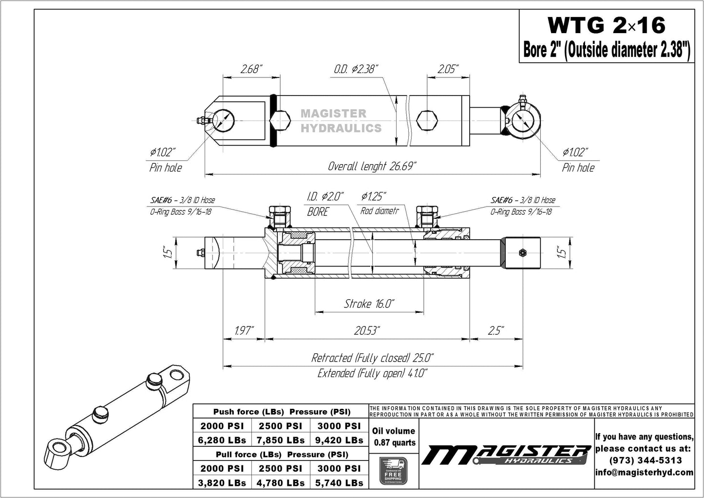 Magister Hydraulics Double Acting Hydraulic Cylinder - Tang Universal Hydraulic Cylinder 2" Bore, 16 inch Stroke Tang Style (2x16)