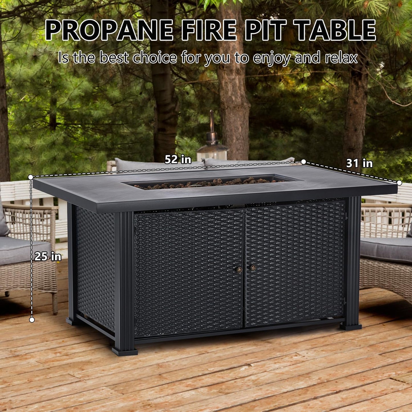 52" Propane Fire Pit Table, 50000BTU Rectangle Fire Table with Cover & Rain Cover, Sturdy Steel and Iron Fence Surface, CSA Safety Certified, Companion for Your Garden (Enlarged Version)