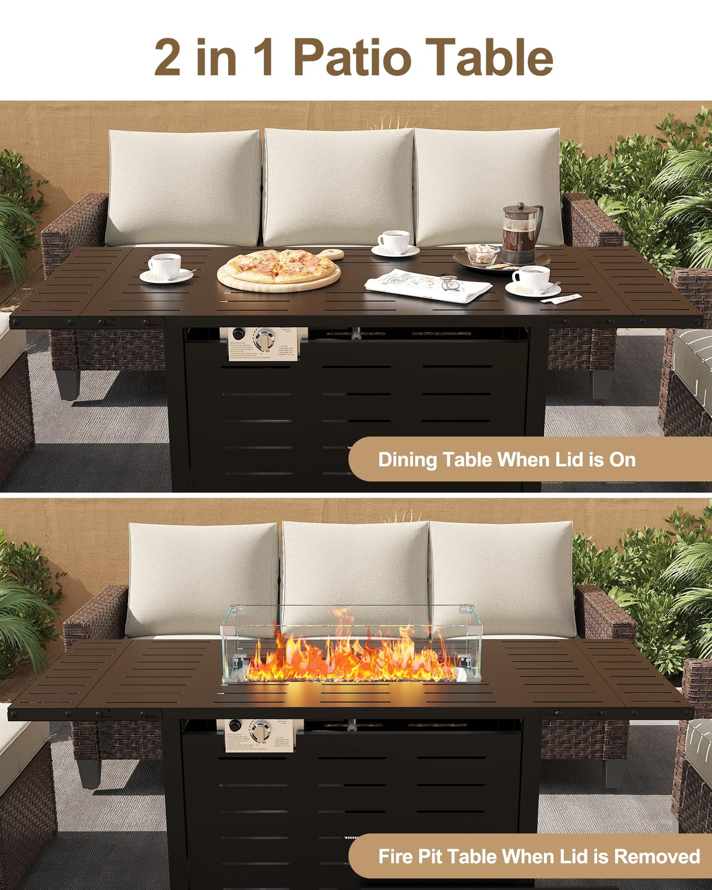 GarveeLife 55" Propane Fire Pit Table, 48000 BTU Gas Fire Pit Table with Ignition System, Outdoor Fire Table with Glass Rocks for Patio Garden Backyard, Rain Cover and Wind Guard Glass Included