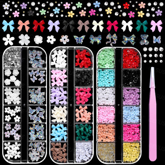 3 Boxes Bow Flower Nail Charms, 3D Color Flowers Nail Bows Charms for Nails Art, Polar Butterfly Bowknot Nail Art Charms, White Rose Flower Charms for Nail Art Jewels Supplies DIY Craft