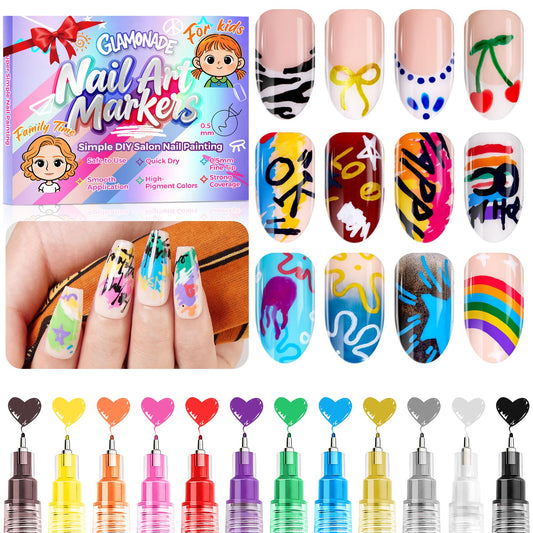 Glamonade Nail Art Markers for Kids: 0.5MM Fine Tip Vibrant Nail Polish Pens Non Toxic Set for Painting Decorate Nails Graffiti Pens DIY Salon Design & Quick Dry Hours of Fun Girls Safe Manicure Gift
